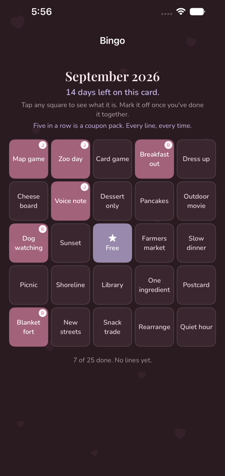 This month's bingo card in dark mode