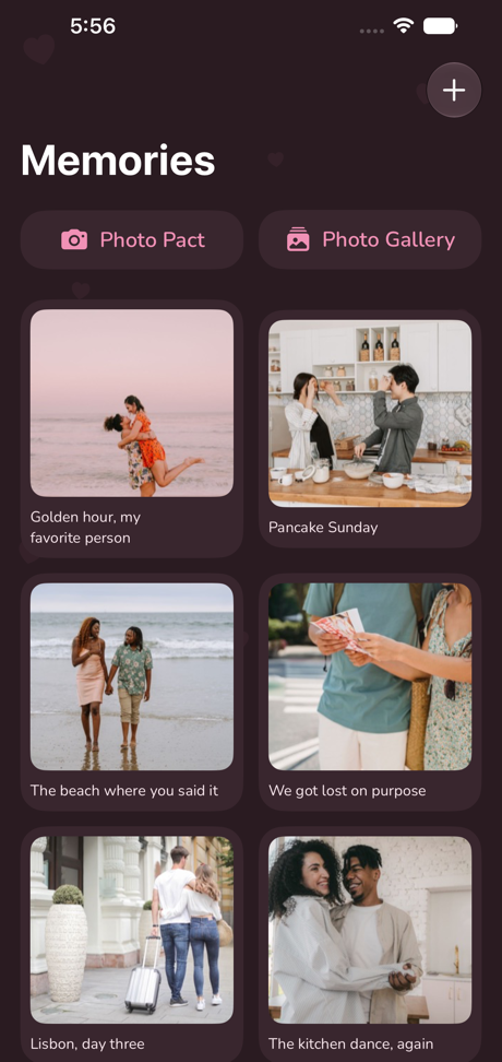 The Memories screen with the photo pact and gallery in dark mode