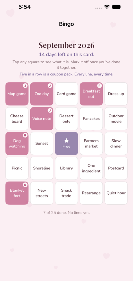This month's bingo card